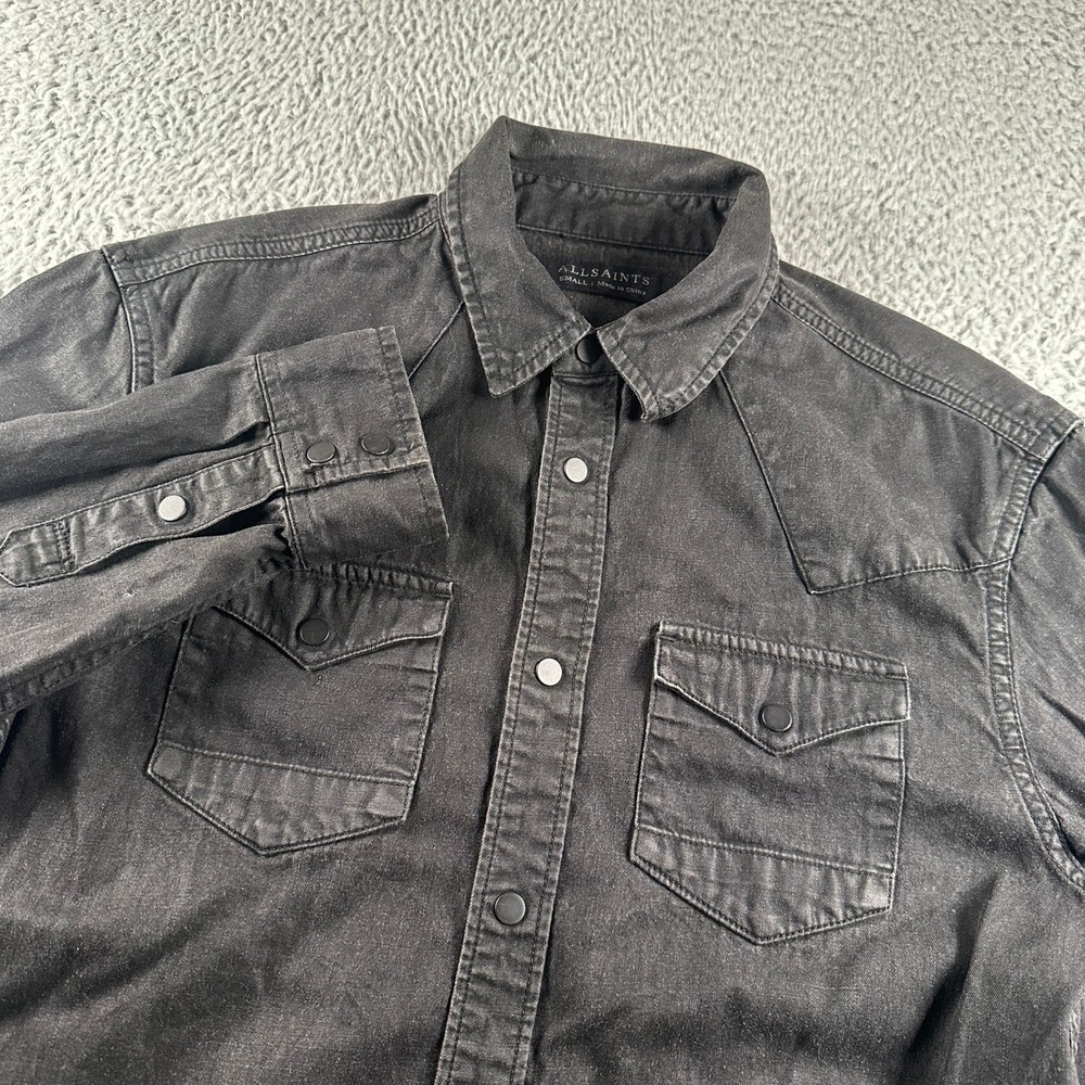 AllSaints Sumiko Western Shirt Mens S Black Washed Snap Button Cotton Pearl Snap